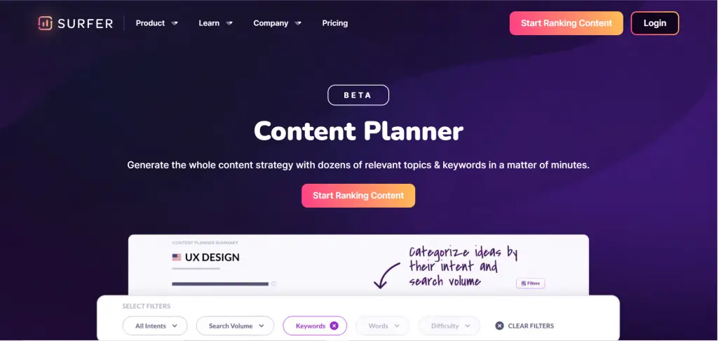 Content Planner by Surfer webpage view
