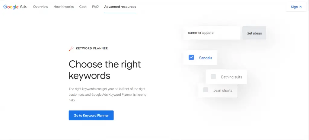 Google Keyword Planner webpage view