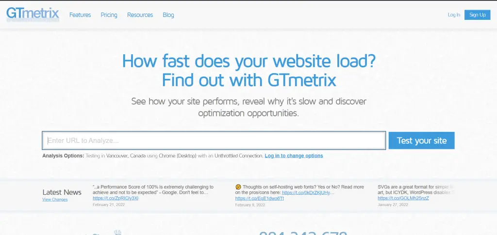 GTmetrix webpage view