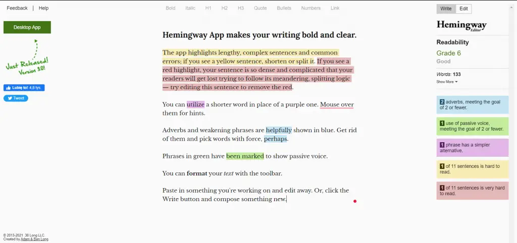 Hemingway App webpage view