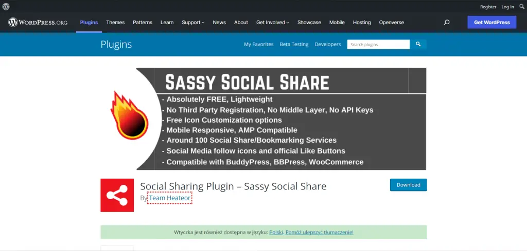 Sassy Social Share webpage view